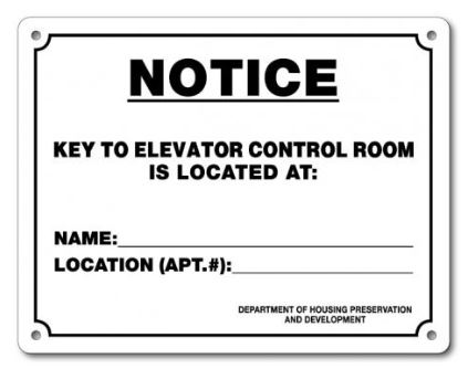 Key To Elevator Control Room Sign (1/ea)